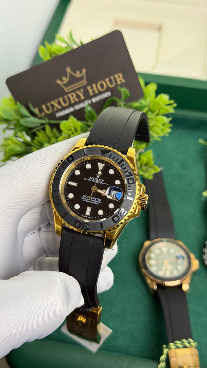 Yellow Gold with Black Dial.
