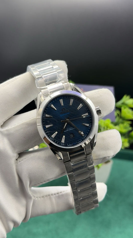 Silver with blue dial
