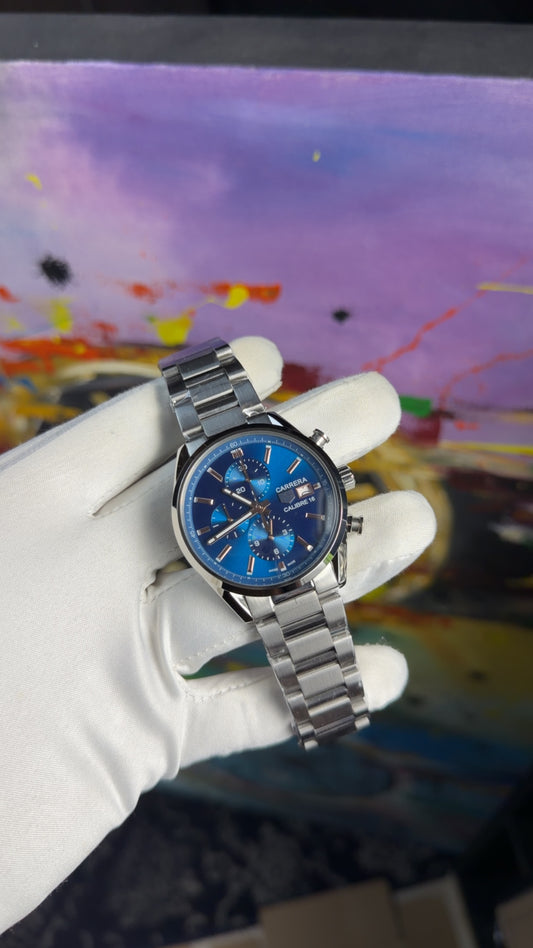 Silver with blue dial