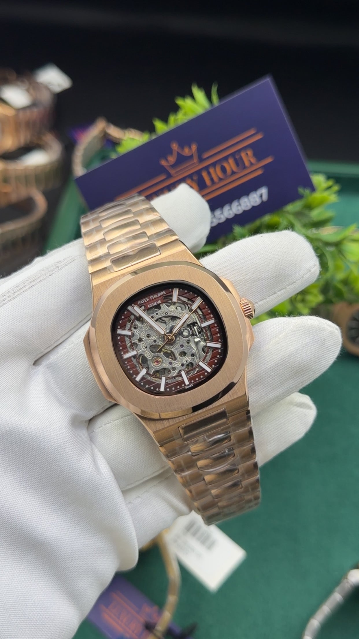 Rose gold  with skeleton dial