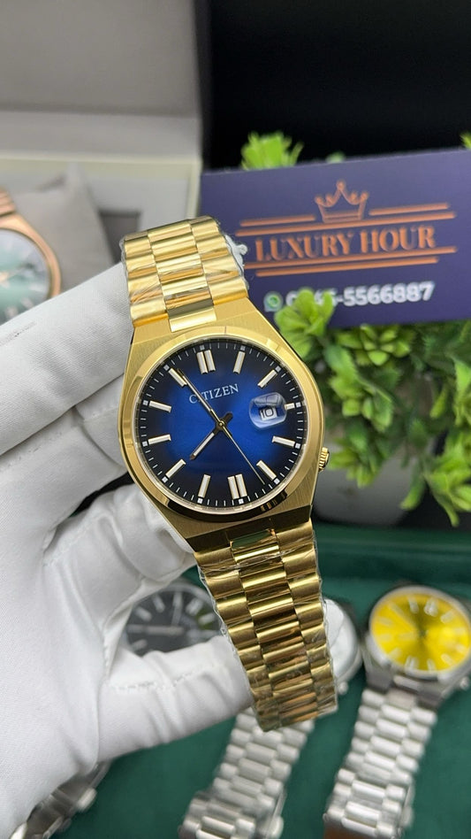 Yellow gold with blue dial