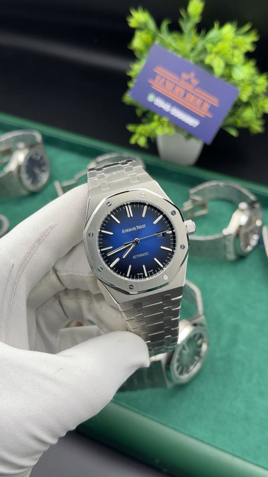 Silver with blue dial