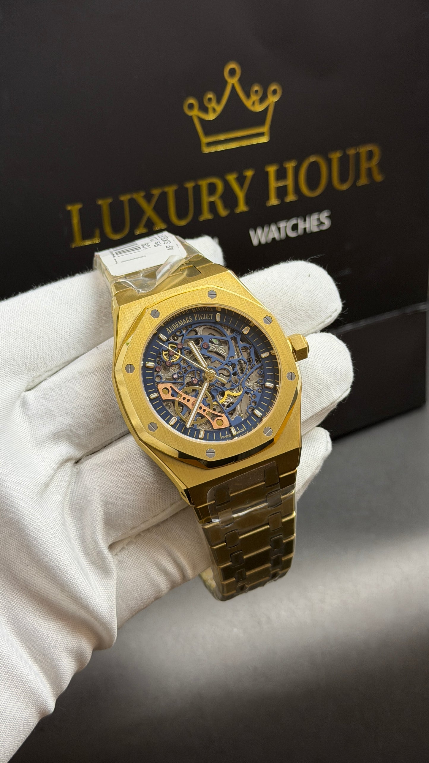 Yellow Gold with Blue Skeleton Dial.