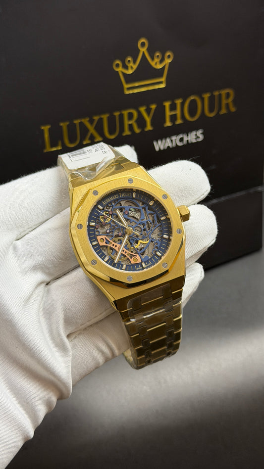 Yellow Gold with Blue Skeleton Dial.