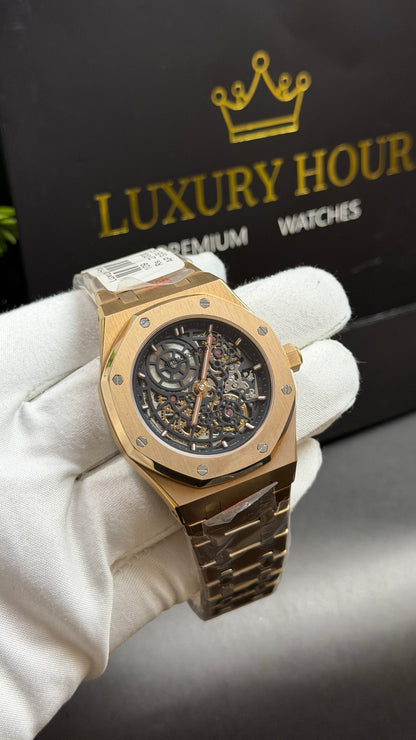 Rose Gold with Black Skeleton Dial.