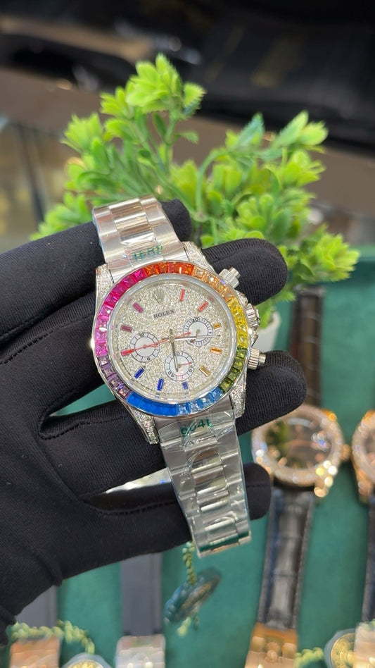 Silver with rainbow stones.