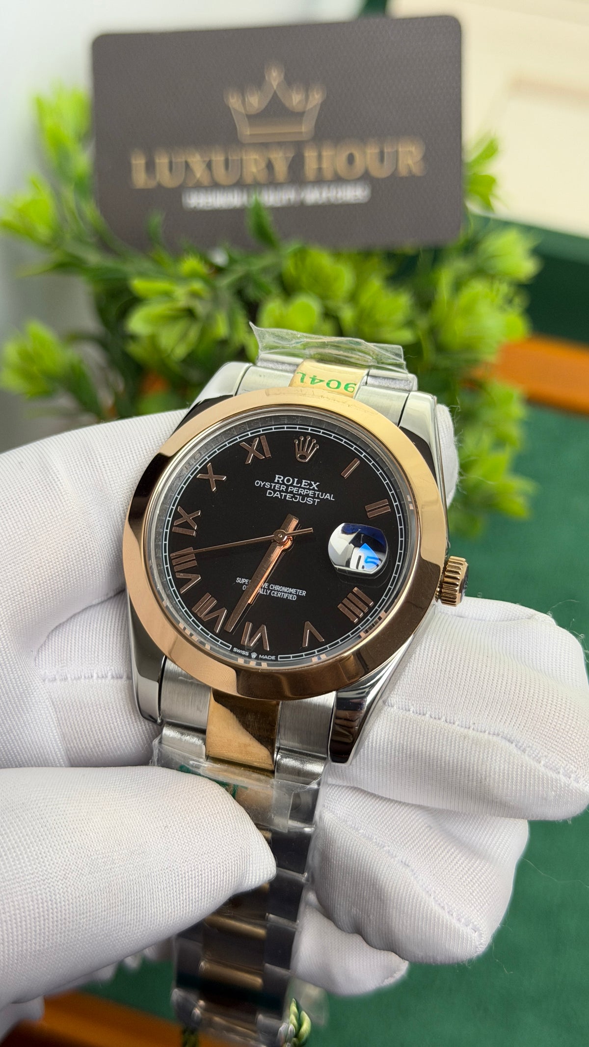 Rose Gold Two Tone with Black Dial.