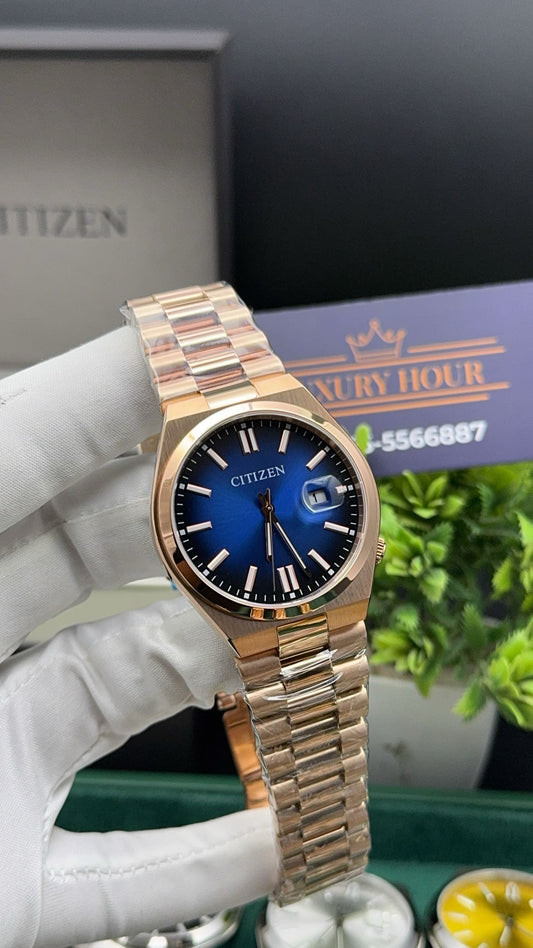 Rose gold with blue dial