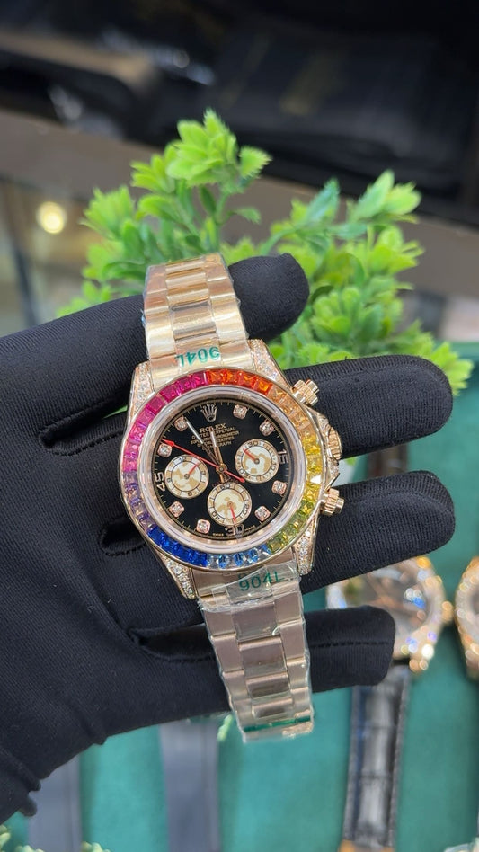 Rose gold with rainbow stones.
