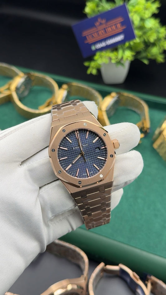 Rose gold with blue dial