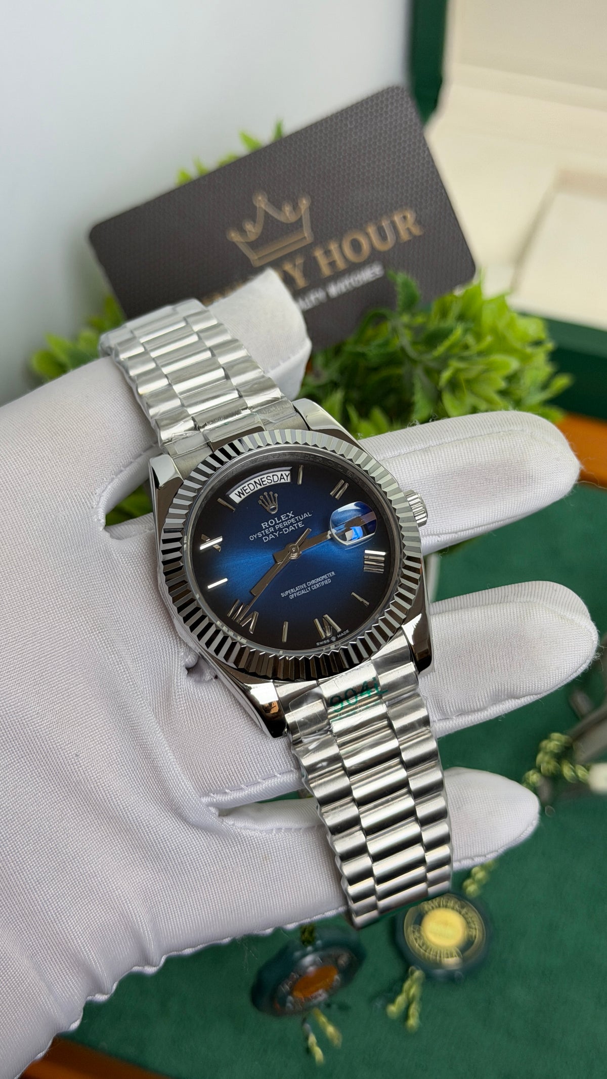 Silver with Blue Dial.