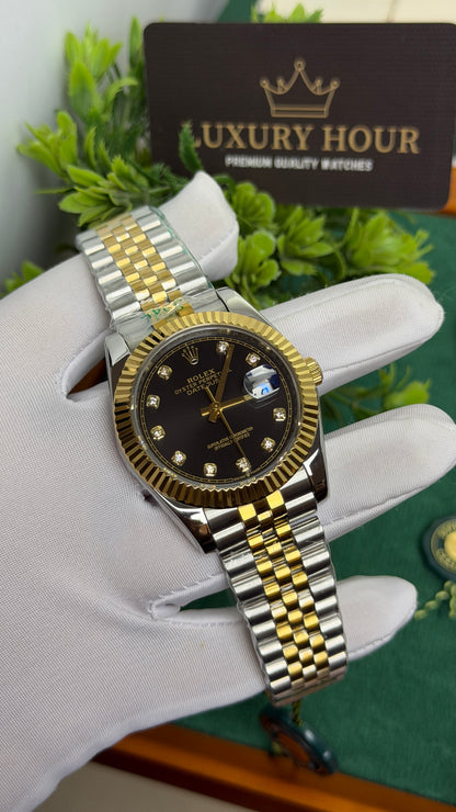 Yellow Gold Two Tone with Black Dial.