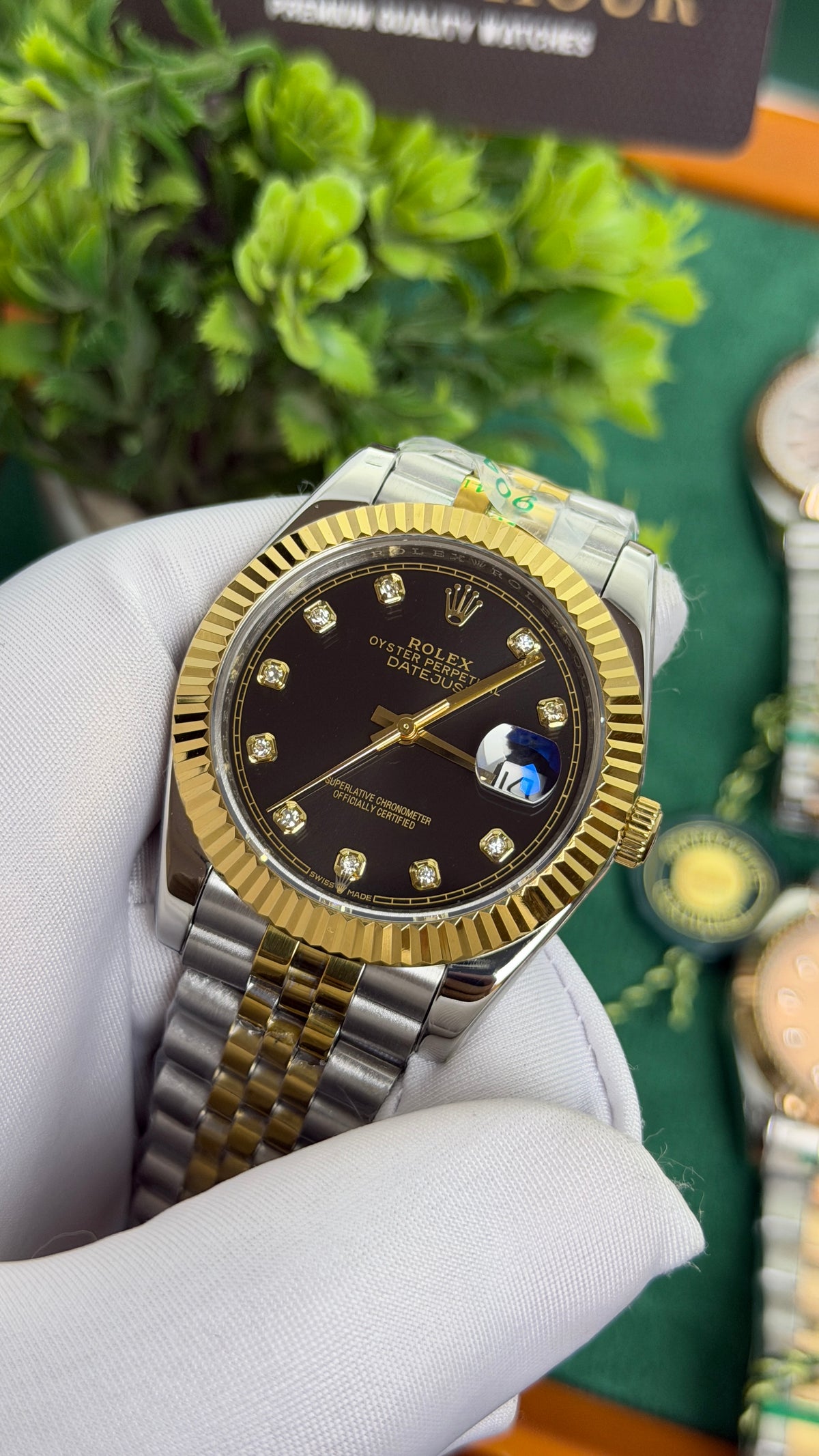 Yellow Gold Two Tone with Black Dial.