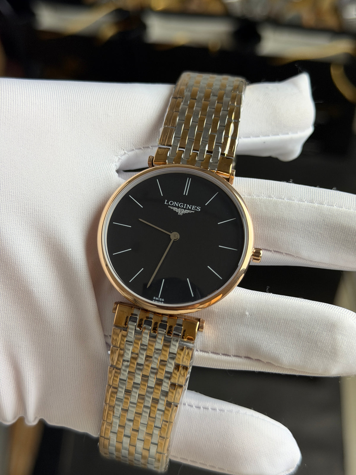 Rose Gold Two Tone with Black Dial.