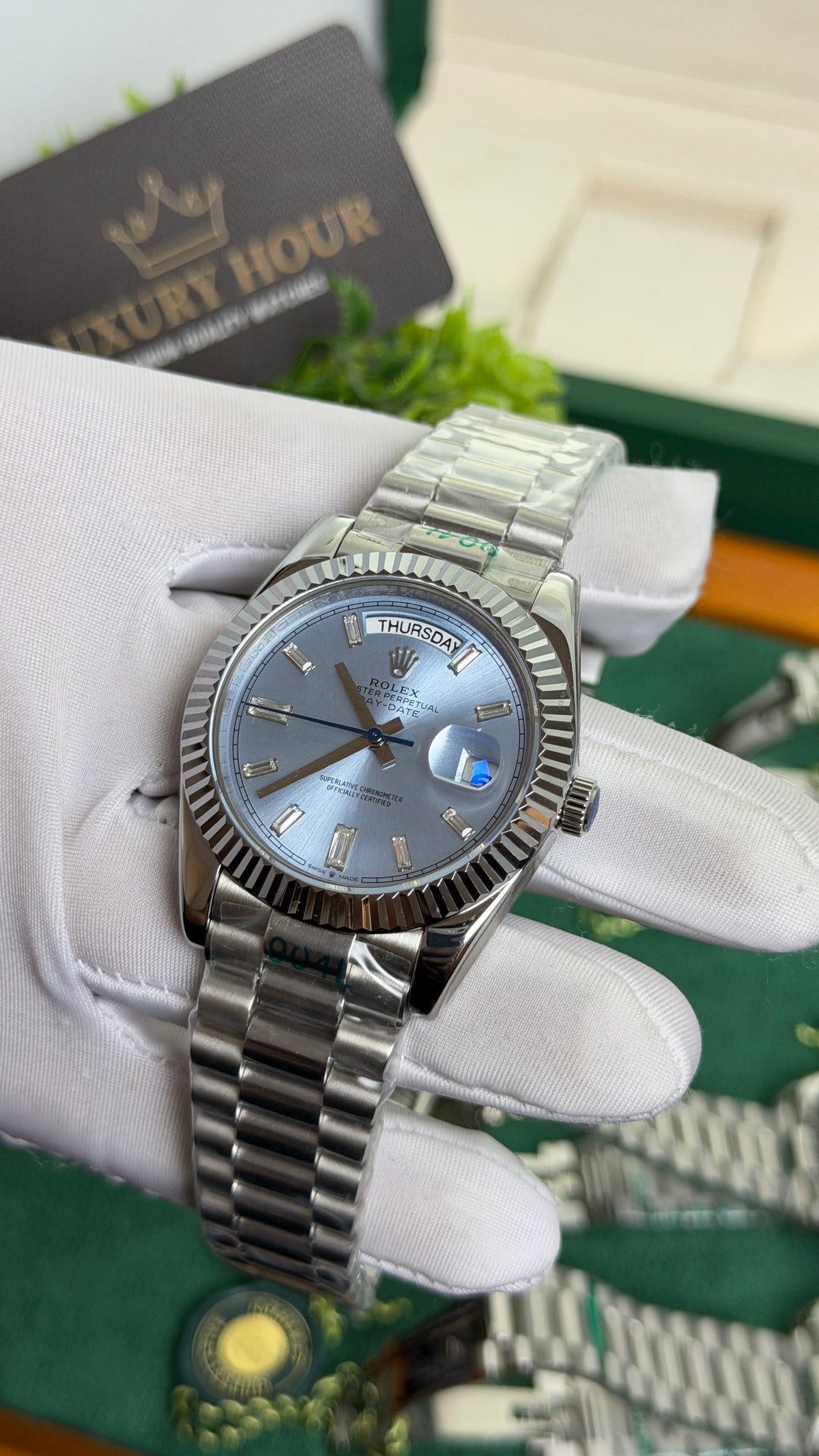 Silver with Blue Dial.
