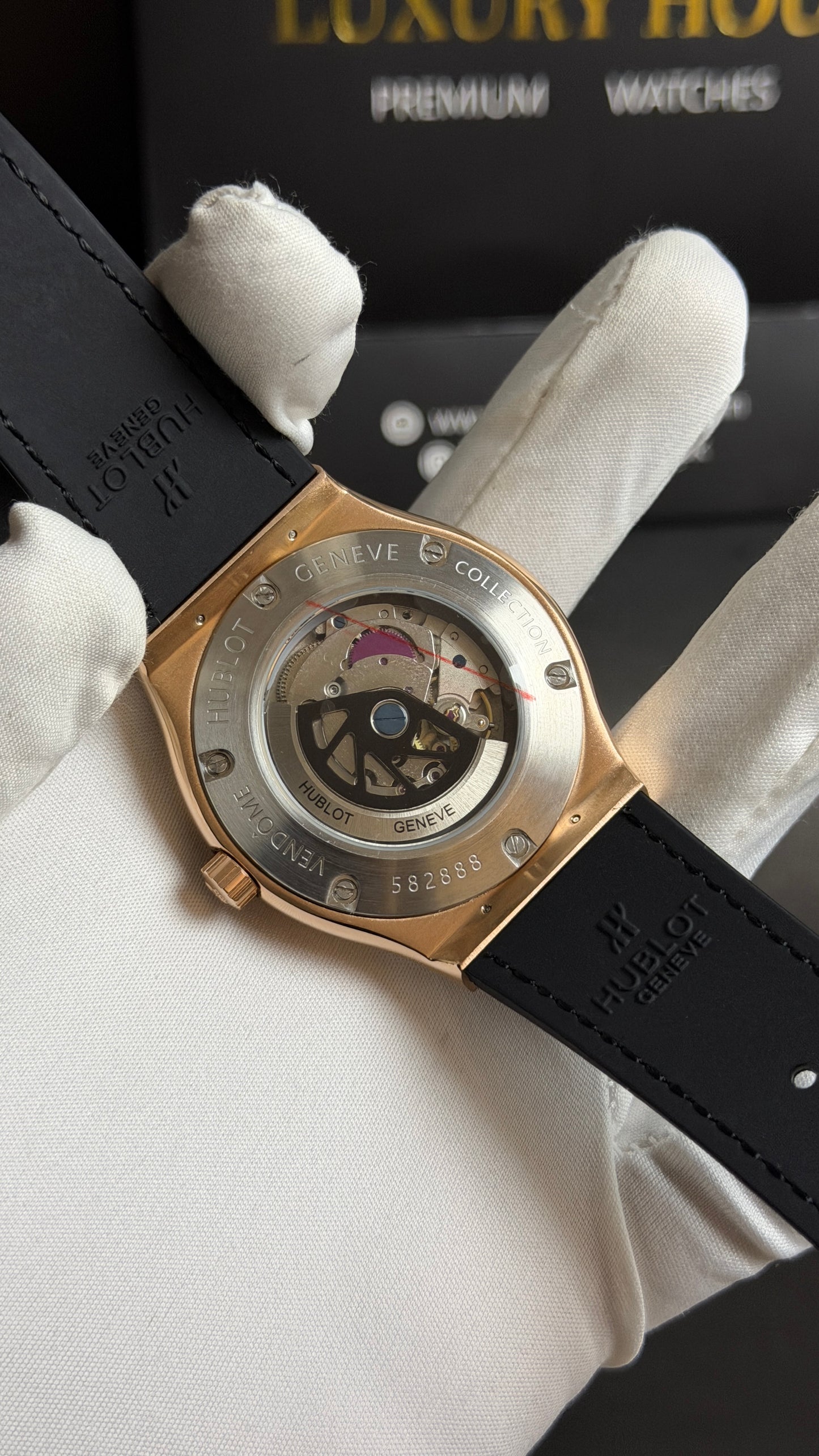Rose Gold with Blue Skeleton Dial.