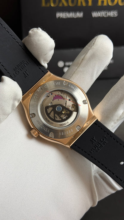 Rose Gold with Blue Skeleton Dial.