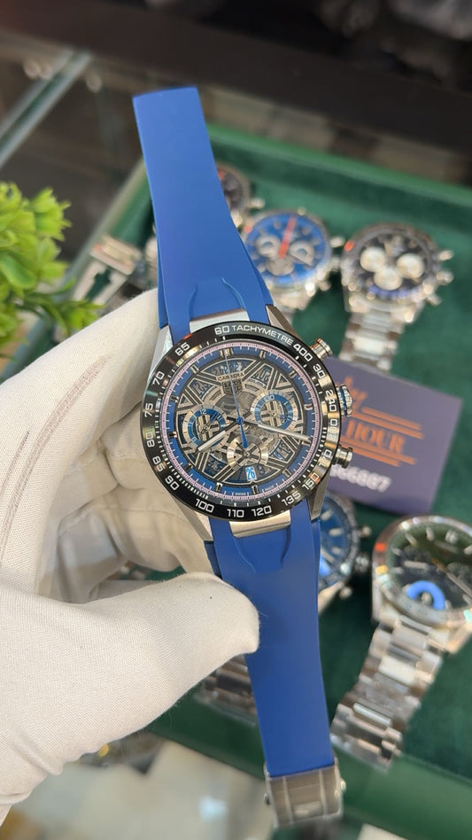 Silver with blue dial