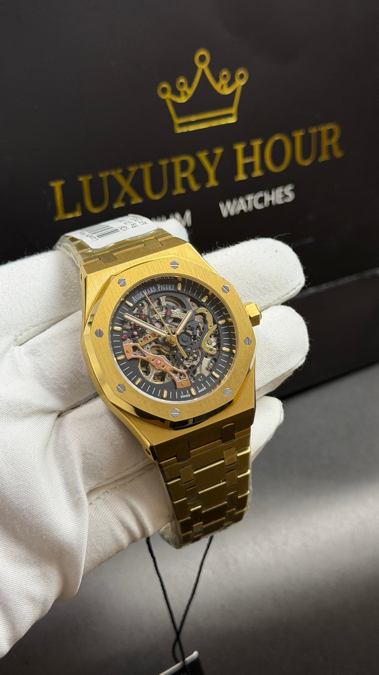 Yellow Gold with Black Skeleton Dial.