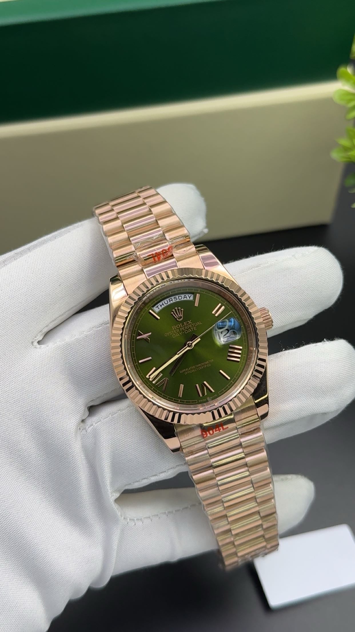 Rose Gold with olive green dial