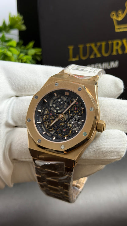Rose Gold with Black Skeleton Dial.