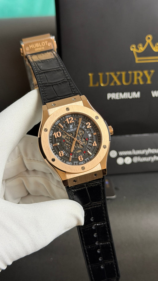 Rose Gold with Skeleton Dial.
