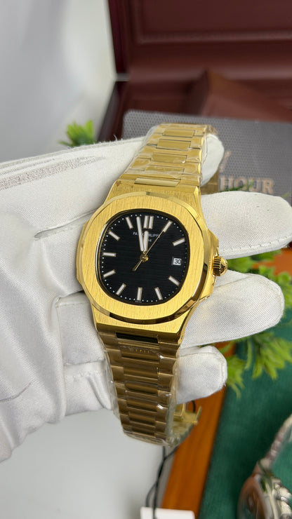 Yellow Gold with Black Dial.