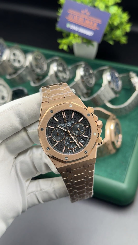 Rose gold with black dial