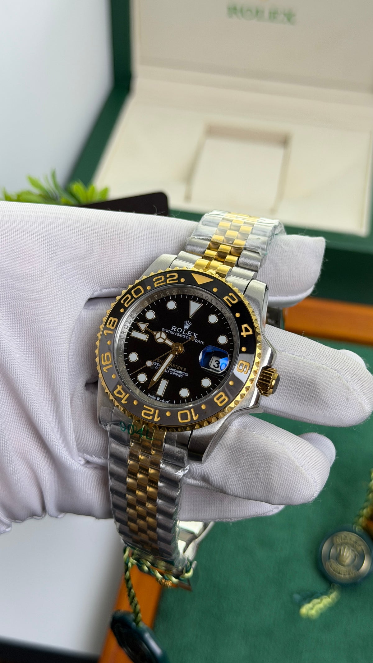 Yellow Gold Two Tone with Black Dial.