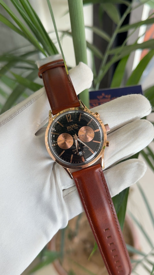 Rose gold with black dial brown strap