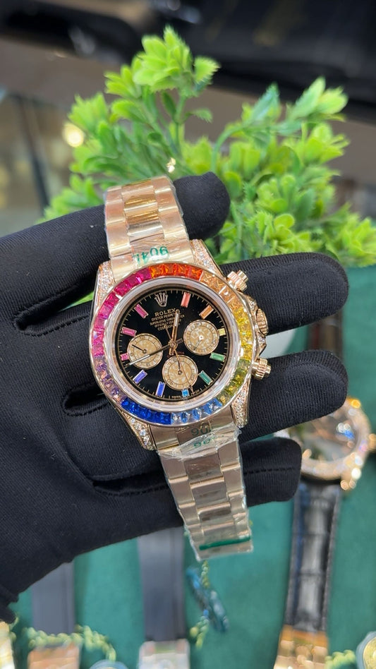 Rose gold with rainbow stones.