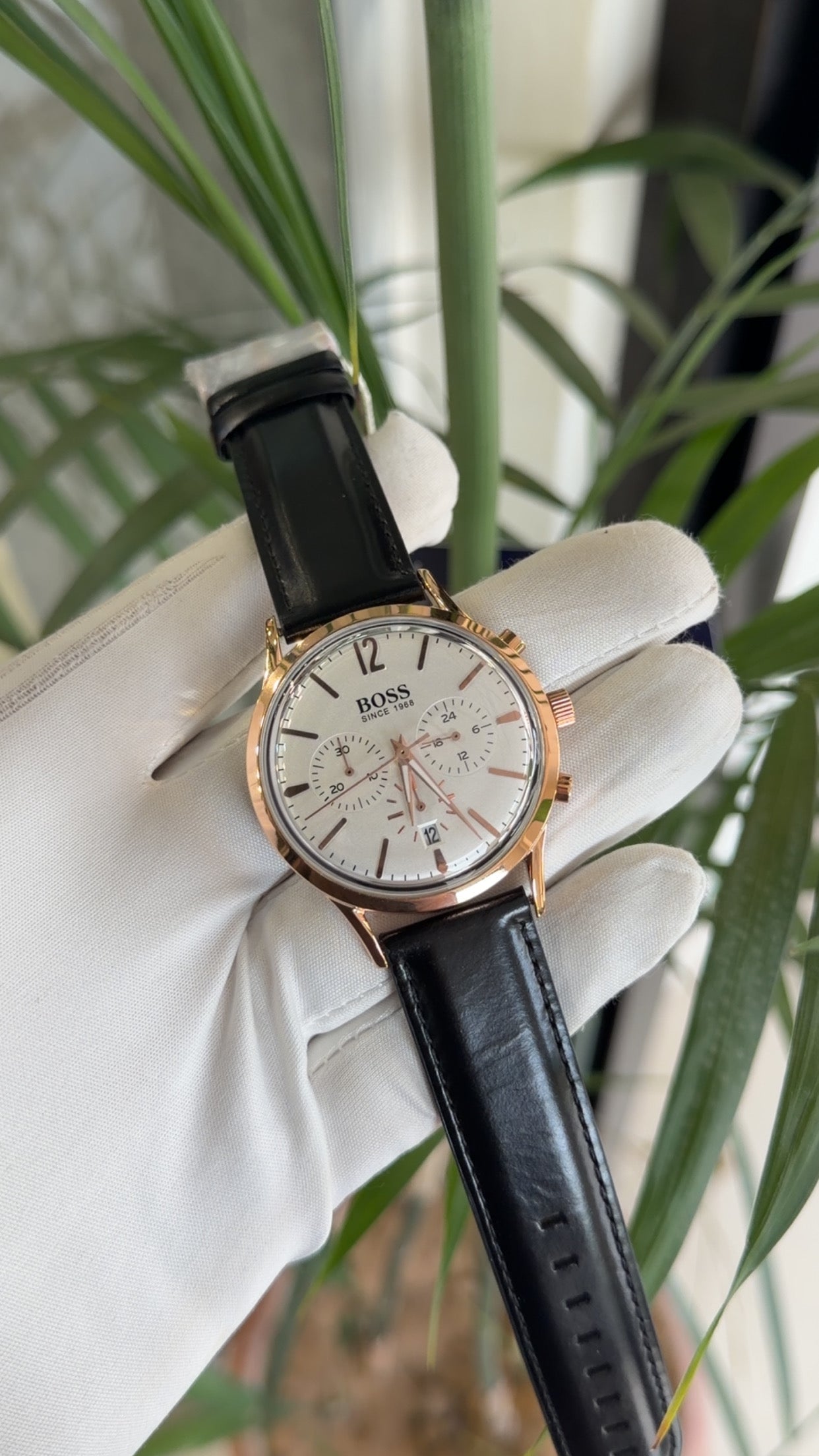 Rose gold with white dial black strap