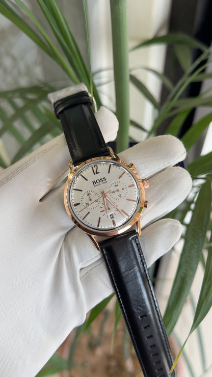 Rose gold with white dial black strap