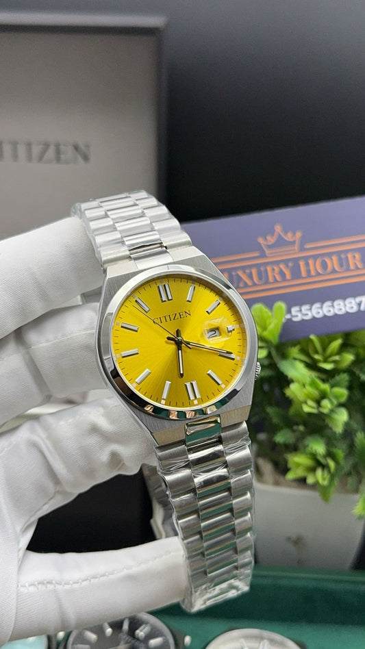 Silver with yellow dial