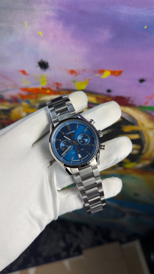 Silver with blue dial