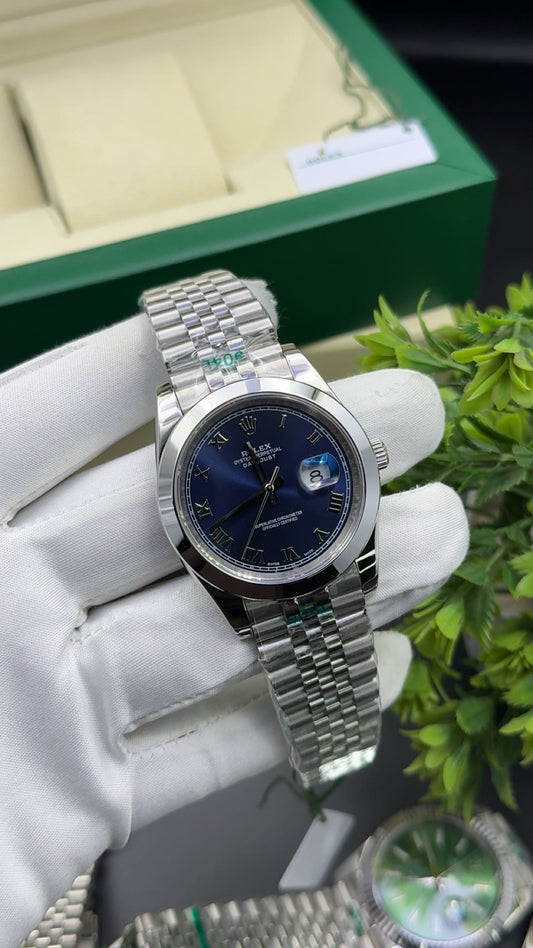 Silver with blue dial