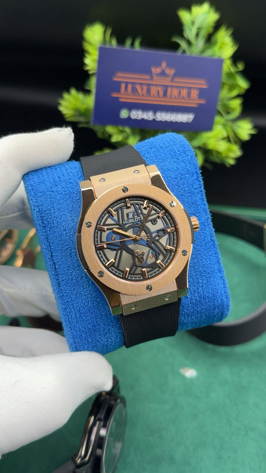 Rose gold with black dial