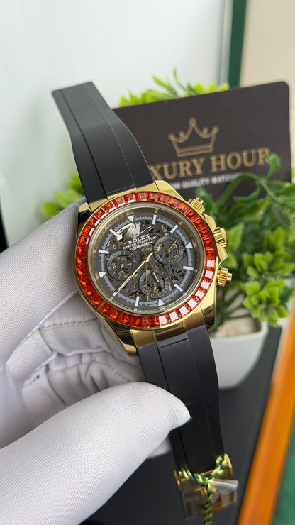 Yellow Gold with Skeleton Dial ( Red Diamond Edition )♦️