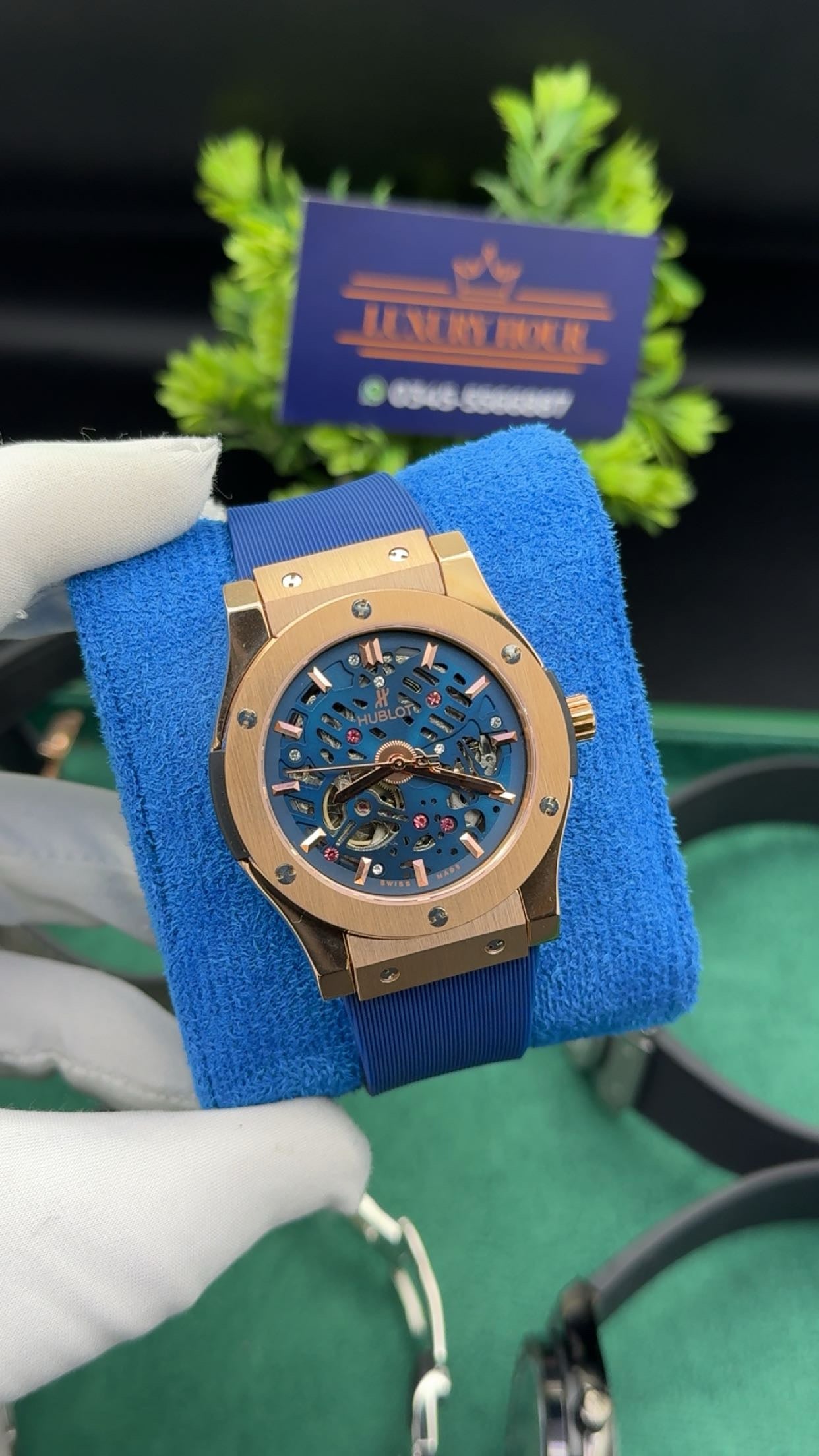 Rose gold with blue dial