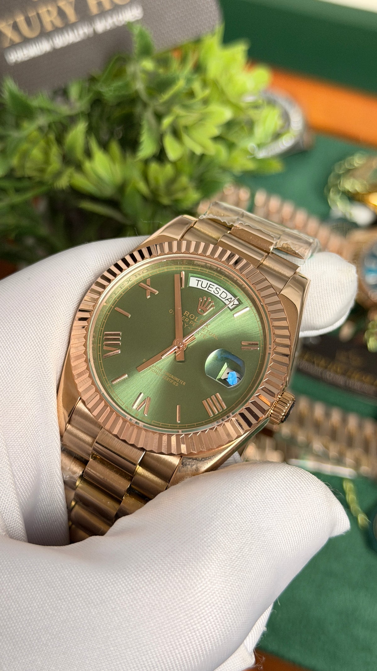 Rose Gold with Green Dial.
