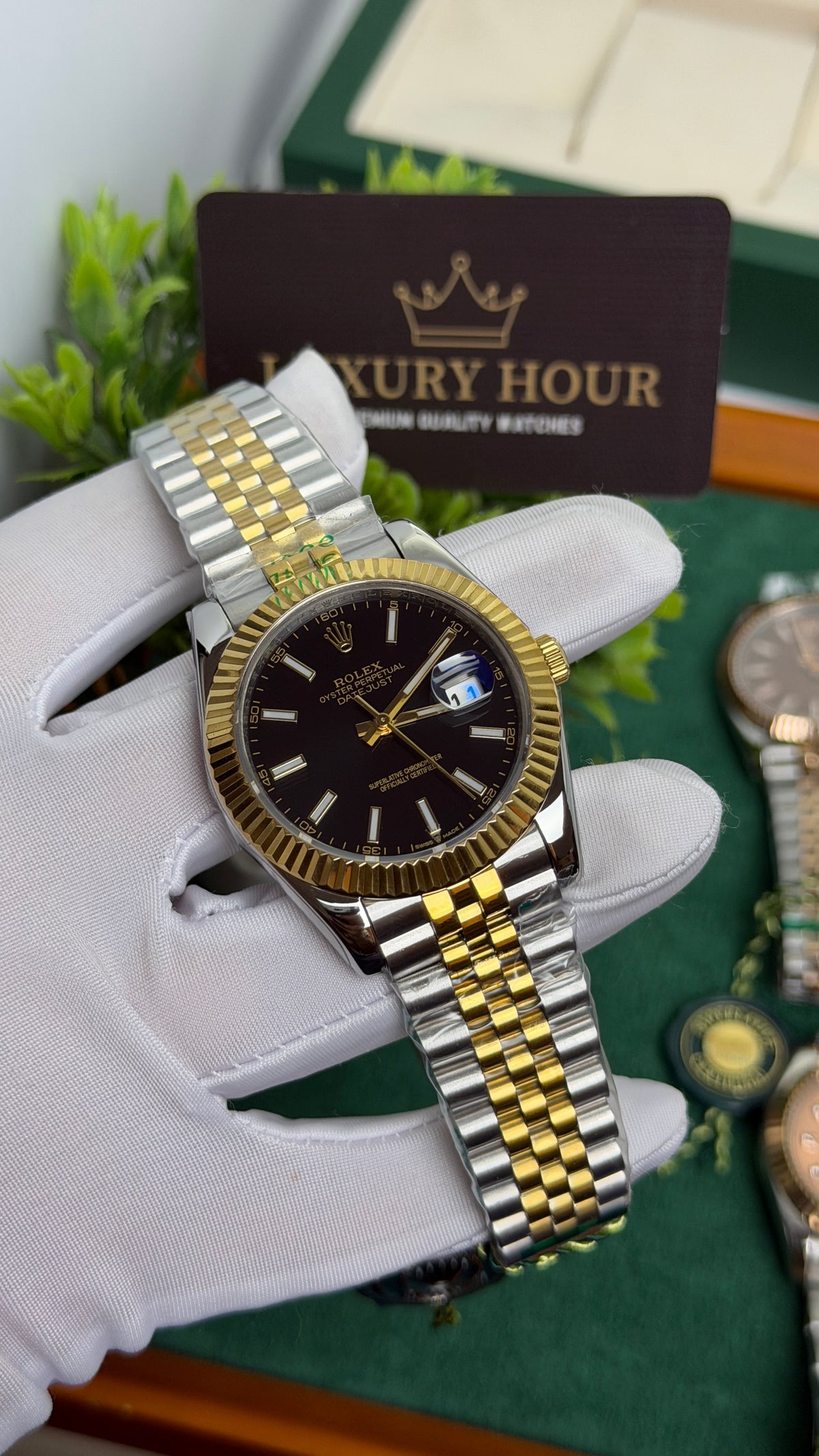 Yellow Gold Two Tone with Black Dial.