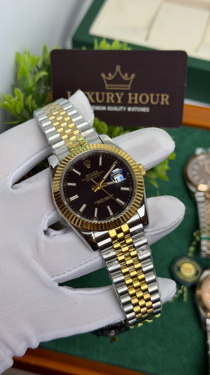 Yellow Gold Two Tone with Black Dial.