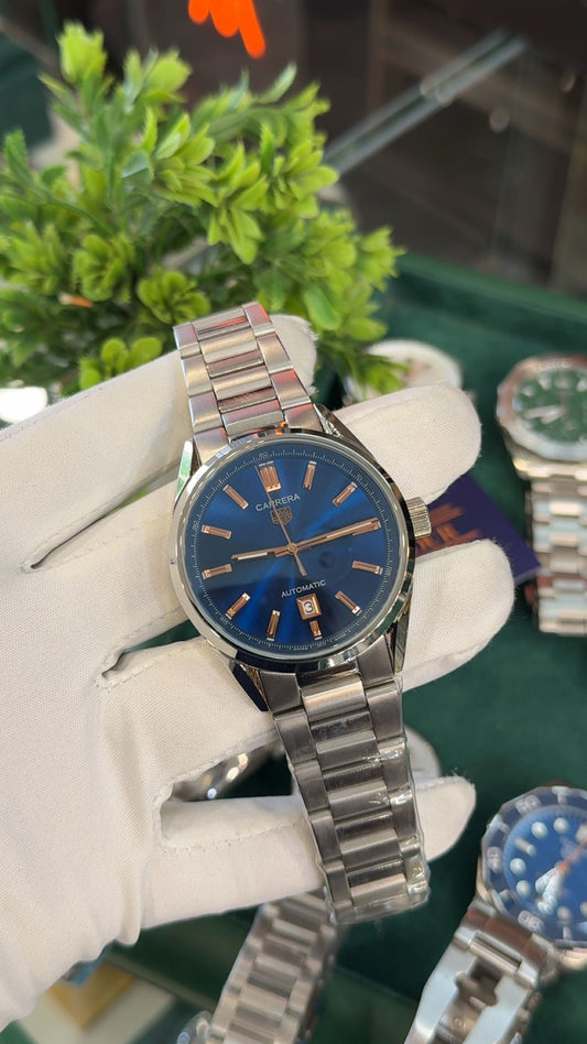 Silver with blue dial