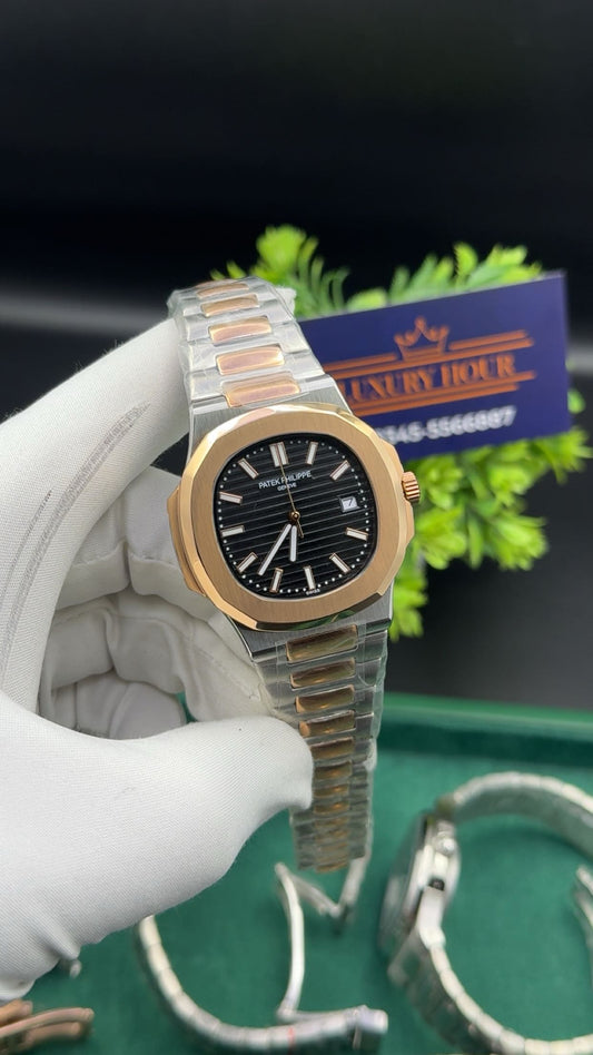 Rose gold two tone with black dial