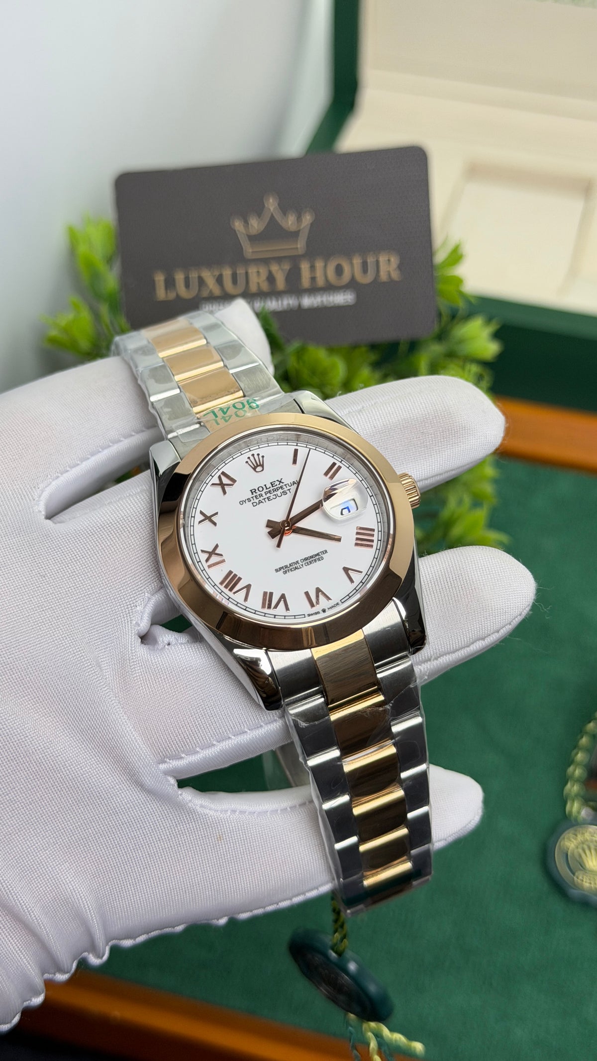 Rose Gold Two Tone with White Dial.