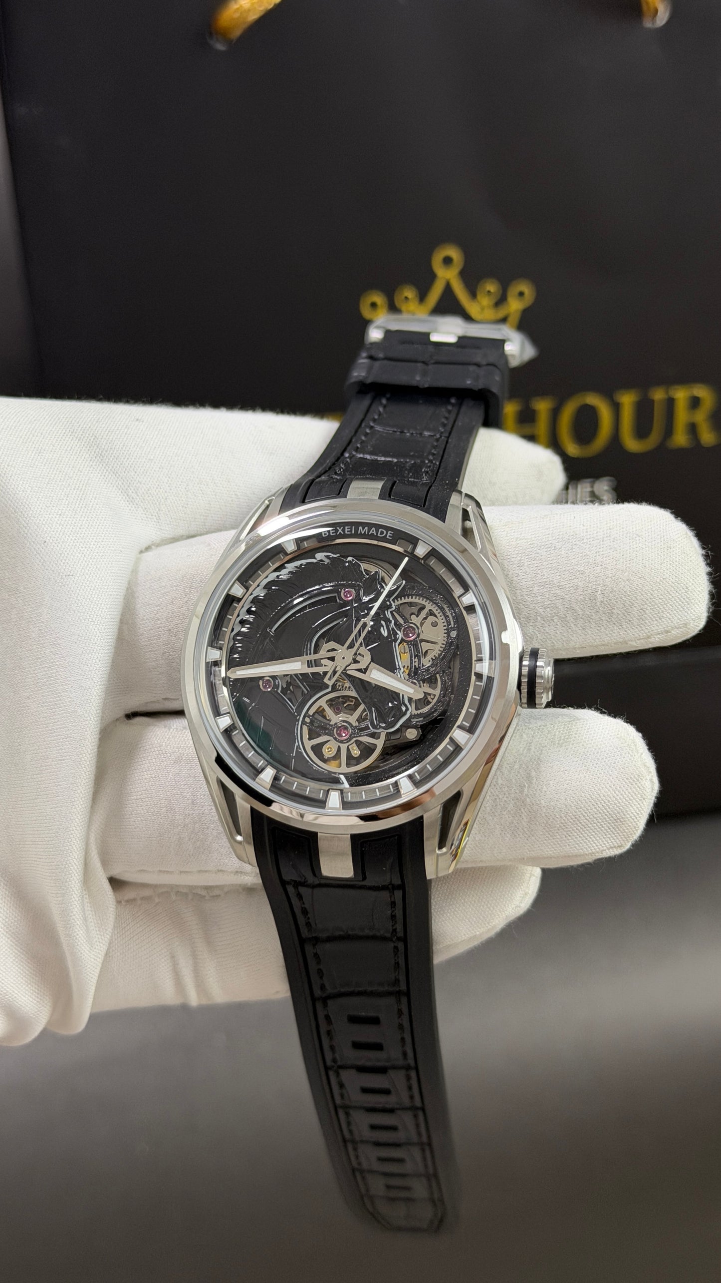 Silver with Black Skeleton Dial. ( 100% Original )
