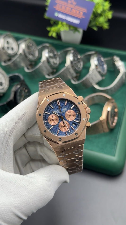 Rose gold with blue dial