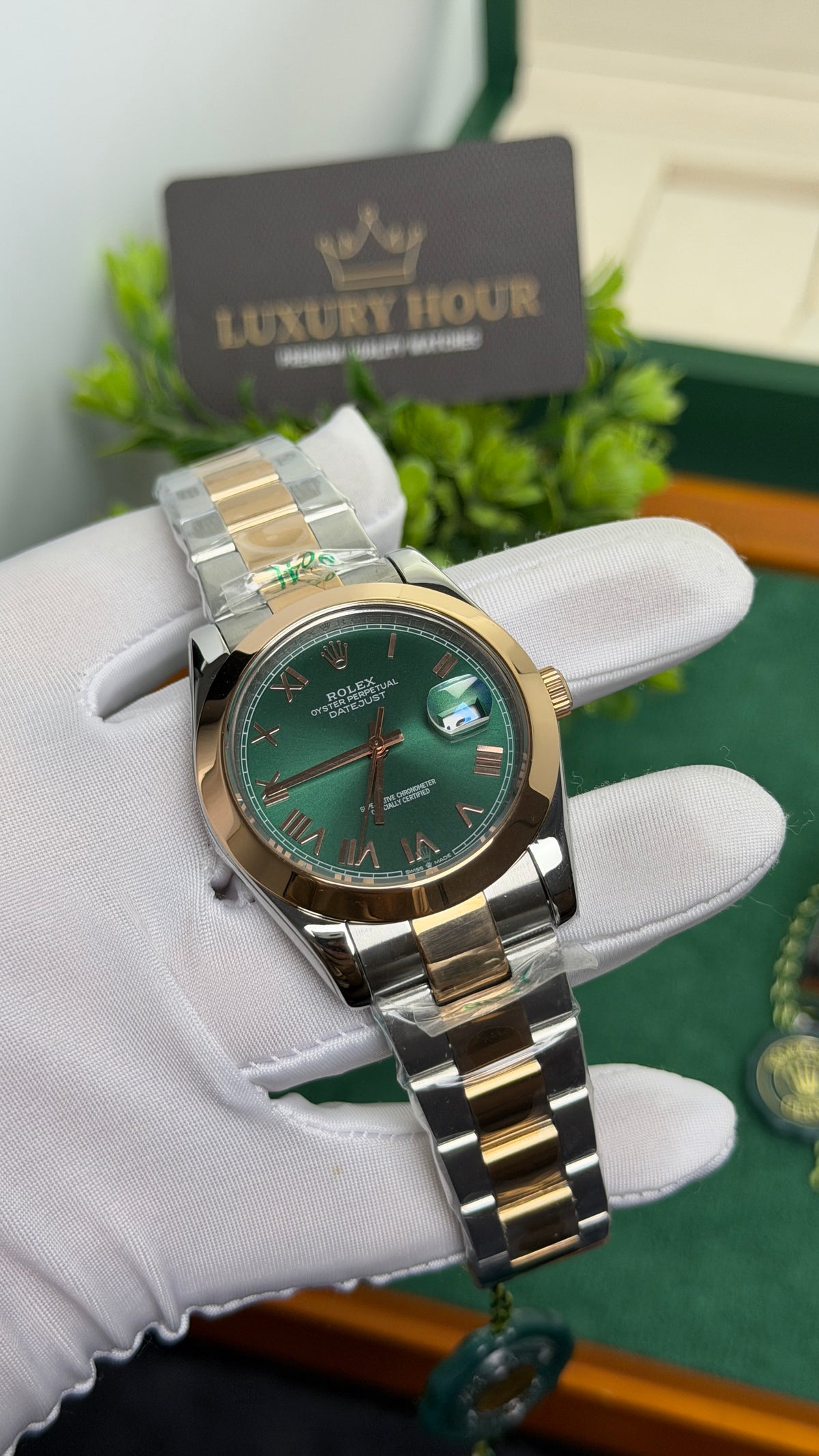 Rose Gold Two Tone with Green Dial.