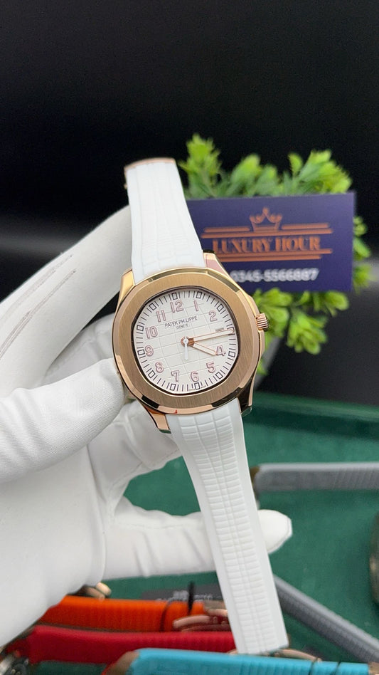 Rose gold with white dial