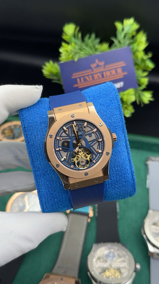 Rose gold with blue dial
